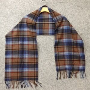 Wool Plaid Scarf Mens Navy Camel Brown Tartan Fringe Muffler Neck Wrap 11.7x58